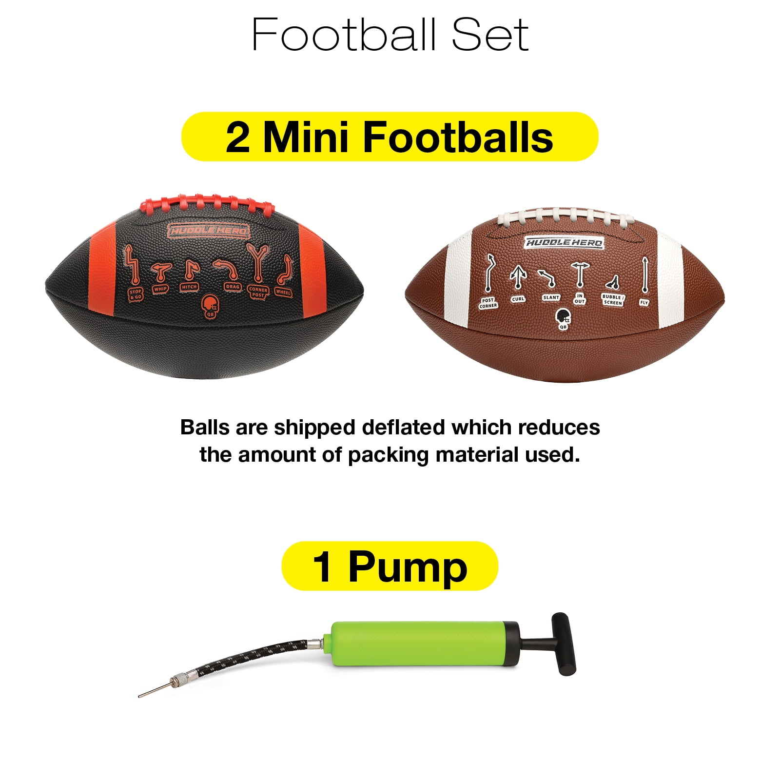 Huddle Hero Mini Football 2-Pack w/ Pump (Black/Green and Brown/White) (Black and Red, Mini)