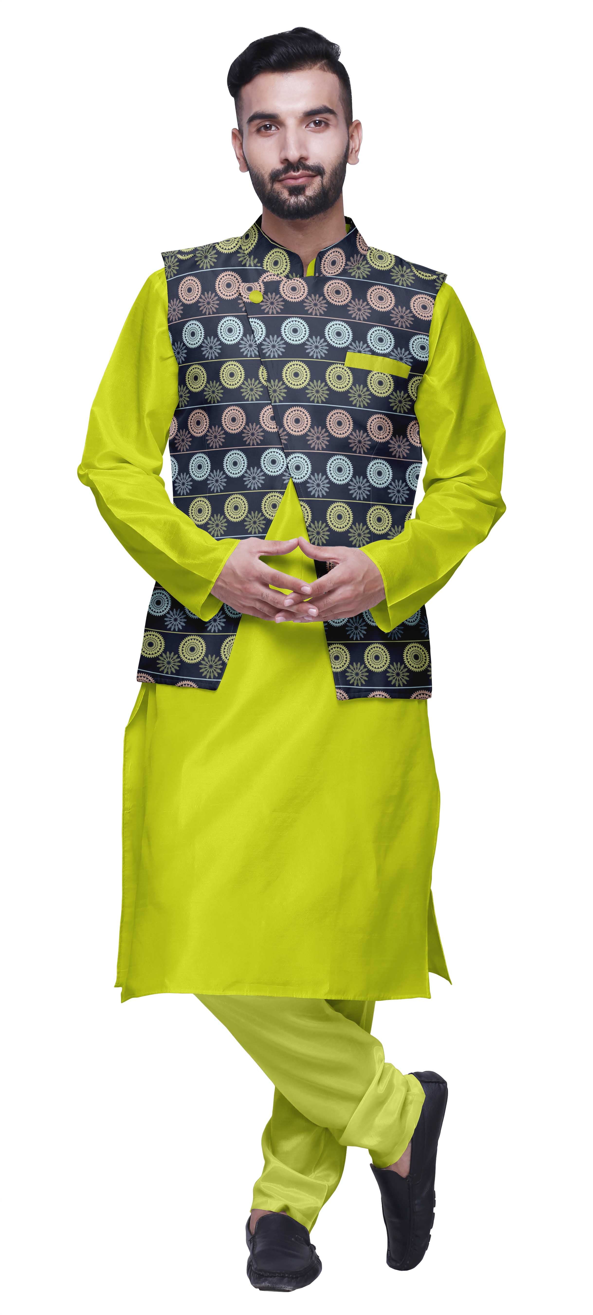 Atasi Indian Long Kurta Men Solid Kurta Pajama With Printed Nehru