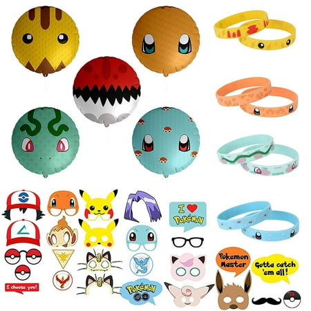 43 pcs Party Favor Supply Mega Pack for Pokemon Theme Party - Includes Pokemon Inspired Balloons, Bracelets, and Props - Perfect Stocking