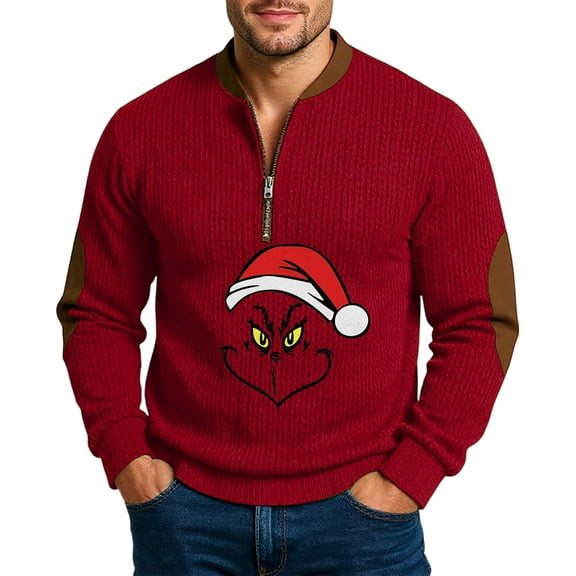 Mens Christmas Pullover Long Sleeve Pullover Quarter Zip A-Red S 9