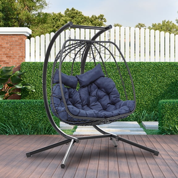 Uforic 2 Person Hanging Egg Swing Chair with Cushions for Bedroom, Garden and Balcony, Navy Blue