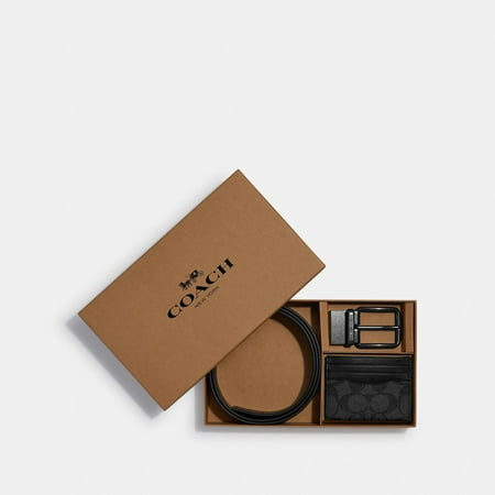 Coach Men's Boxed Card Case And Belt Gift Set In Colorblock Signature Canvas (Charcoal - Black)