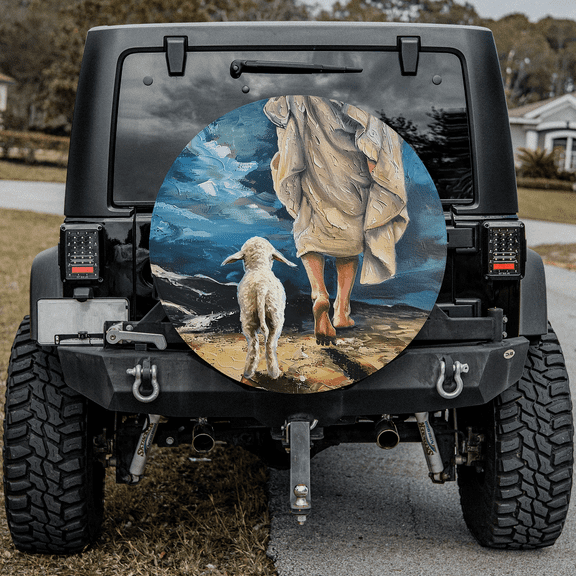 Lotusprinthandmade Christian Jesus and Lamb Animal Spare Tire Cover Without Backup Camera Hole 6 Sizes (33 in.)