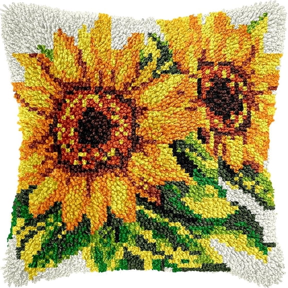 Sunflowers Latch Hook Pillow Kits for DIY Throw Pillow Cushion Embroidery Latch Hooking Pillowcase Kits with Preprinted Canvas Crochet Yarn Kits for Home Decor 17''X 17''(C81)