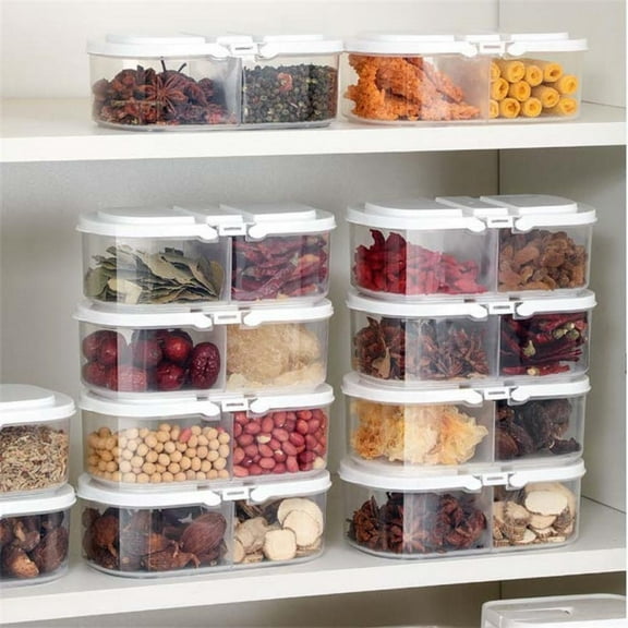 [5pcs ]Double Grid Spice Storage Box with Sealing Lid ,Clear Plastic Food Container for Refrigerator, Pantry, Kitchen Organization