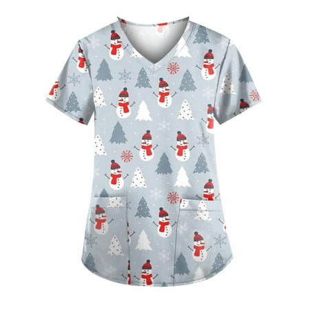

TMOYZQ Christmas Scrubs for Women Casual Xmas Print Professional Scrubs Tops Short Sleeve V Neck Nursing Workwear Tunic Working Uniform Medical Blouse with Pockets