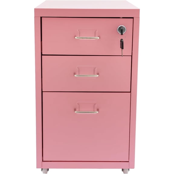 3-Drawer Vertical File Cabinet, 18 Inch High Metal Mobile File Cabinet with Lock & Wheels, Filing Cabinet Under Desk for Office, Home (Pink)