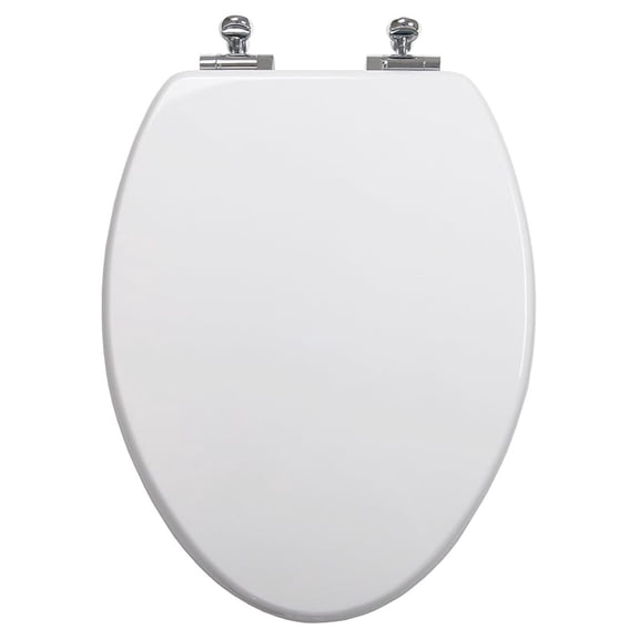 Elongated Toilet Seat Slow Close White Wood - 18.5" Elongated Bowl Fit - Chromed Metal Hinges - Easy Install