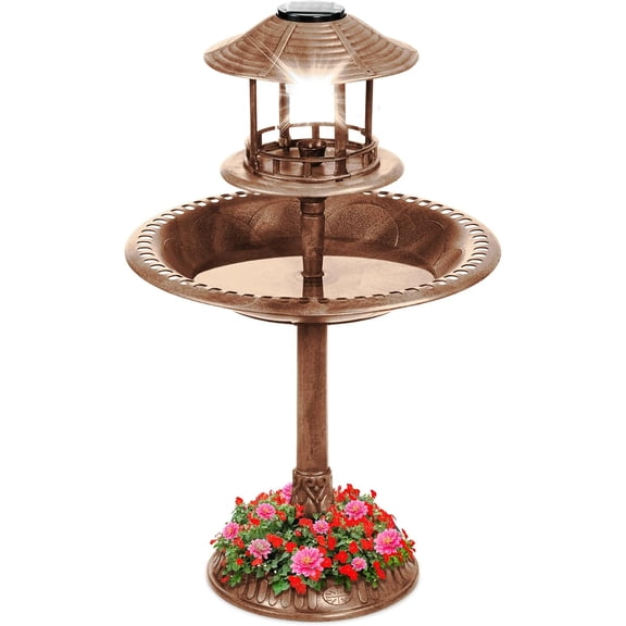 QISHENSHUI Solar Outdoor Bird Bath Vintage Resin Pedestal Fountain Decoration for Yard, Garden w/Planter Base, Feeder, Decorative Bird Cage, Fillable Stand - Bronze