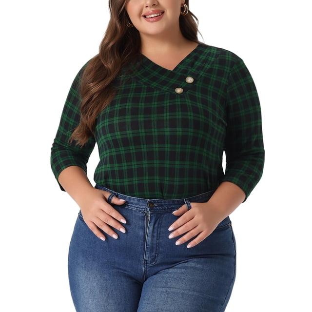 Blusa casual elegante de rayas de tamaño grande para mujer Agnes Orinda, con mangas 3/4, cuello asimétrico, camiseta de moda 3X en verde oscuro