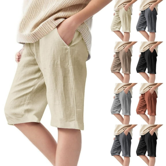 Coerni Boys Girls Cotton Linen Shorts Knee Length Kids High Waisted Shorts Plain Summer Joggers Elastic Waist Wide Leg