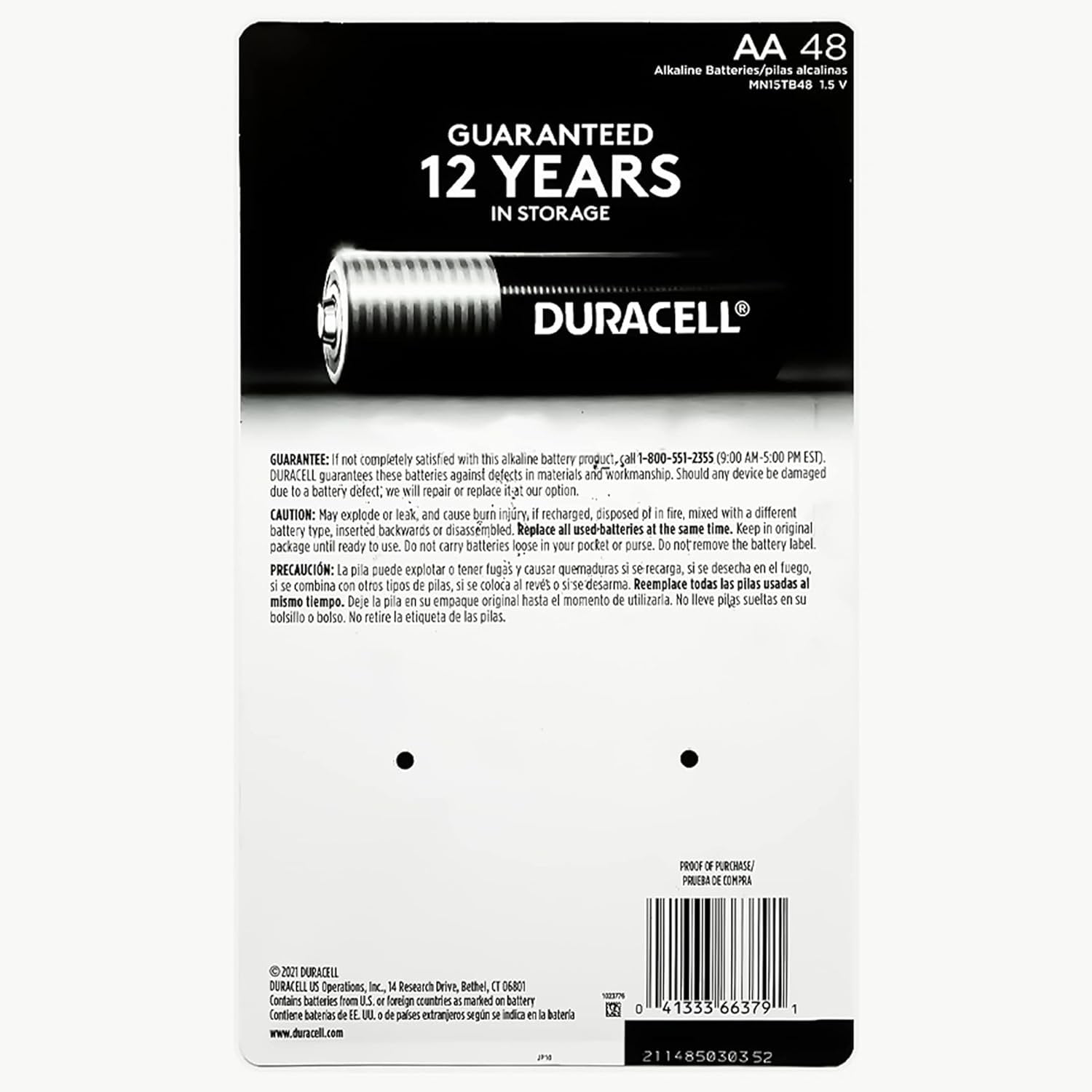Duracell Coppertop Alkaline-Manganese Dioxide AA Battery, 1.5V, Pack of 48
