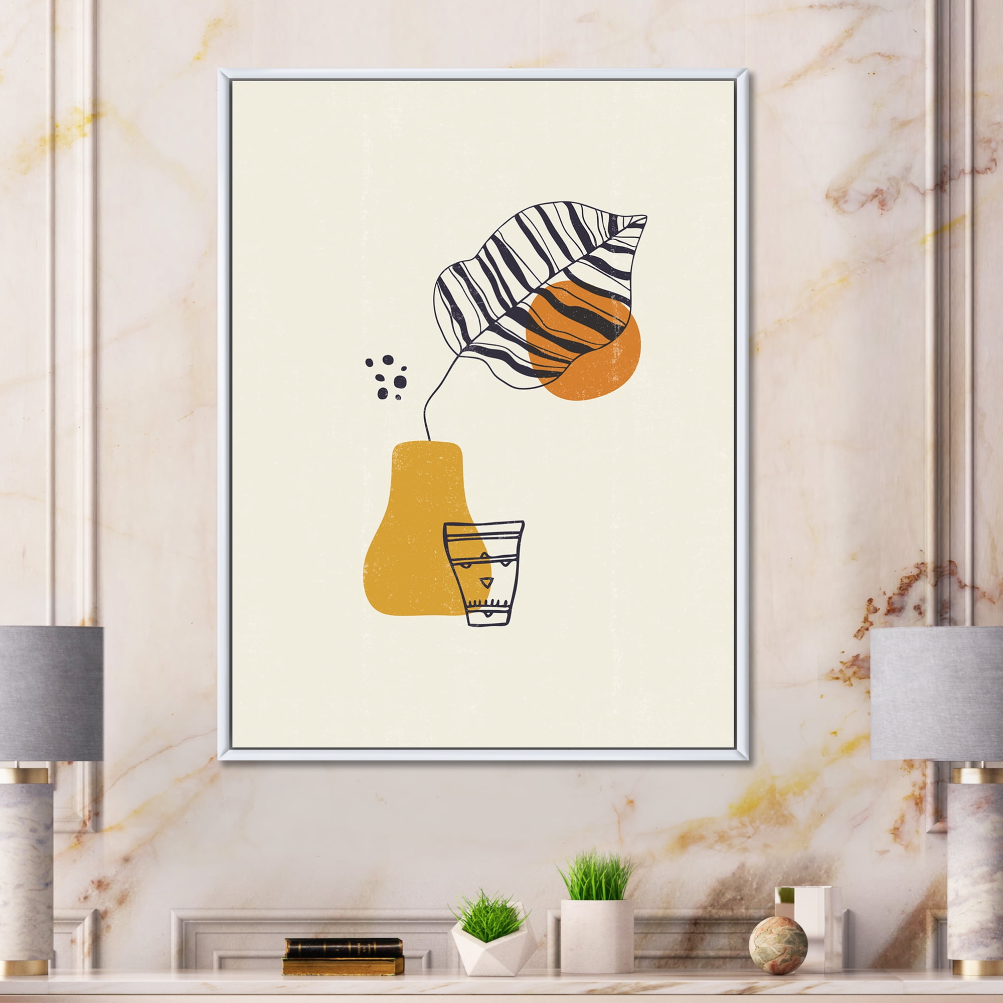 Designart 'Abstract Shapes Botanical Minimalist Leaf' Modern Framed Canvas Wall Art Print