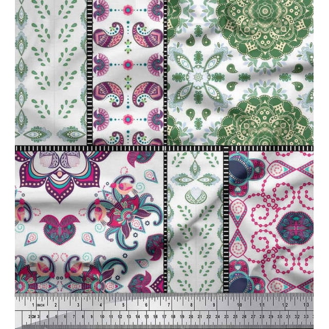 Soimoi Moss Georgette Fabric Mandala & Paisley Patchwork Printed Craft Fabric by The Yard 42 Inch Wide