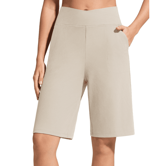 G4Free Ribbed Bermuda Shorts for Women 10"/11“ High Waisted Crossover Shorts with Pockets for Workout Casual Summer