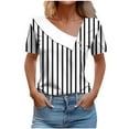 thumbnail image 2 of HOMBOM Shirts for Women Gray Romantic Striped Asymmetrical Collar Lapel V Neck Short Sleeve T-shirt M, 2 of 5