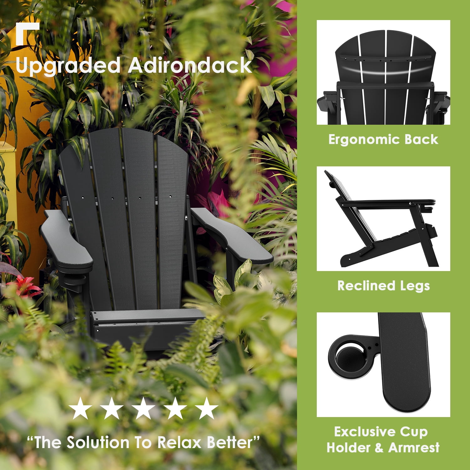 Folding Adirondack Chair HDPE Weather Resistant Patio Chairs w/Cup Holder for Fire Pit, Deck, Outdoor, Black(Set of 2)