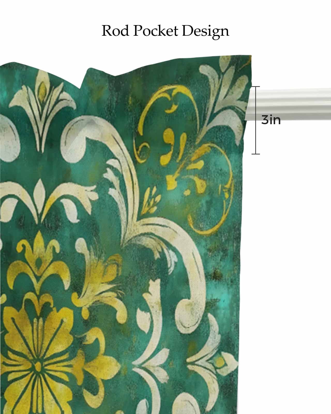 Green Yellow Flower Ethnic Kitchen Valances for Windows Farmhouse Linen Window Valance Curtain for Living Room Window Treatment Boho Vintage Abstract Valance Rod Pocket Topper Drape, 54 x 18 Inch
