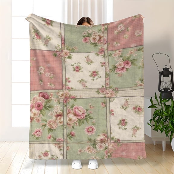 Pastel Pink Green Beige Floral Flannel Throw Blanket | 280GSM Quilted Patchwork | Lightweight All-Season | Multi-Use Couch Bed Travel Retro Bed Cover