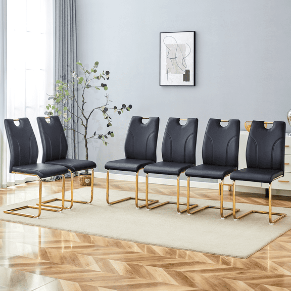 Set of 6 Modern PU Leather Upholstered Dining Chairs with Gold Metal Legs, Ergonomic Comfort, Easy Clean, Black, Perfect for Kitchen & Living Room Dining