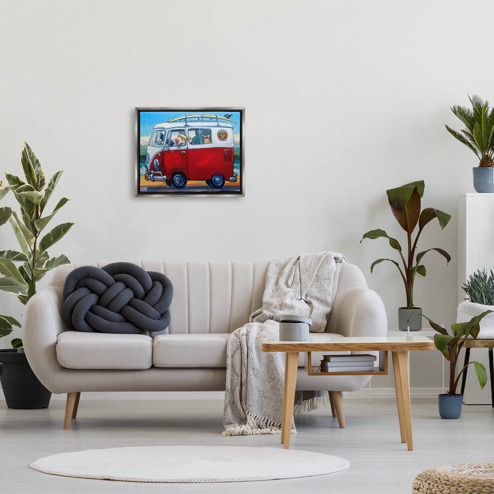 Stupell Industries Pets on Vacation Minibus Animals & Insects Painting Gray Floater Framed Art Print Wall Art, 21 x 17