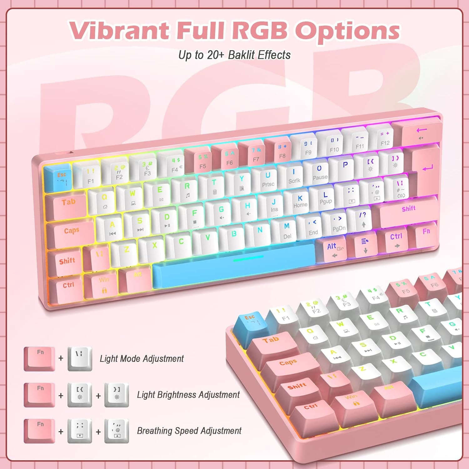ZIYOU LANG T60 Wired Mechanical Keyboard&Mouse Combo,Rainbow Backlit 6400DPI RGB-Pink/Blue Switch