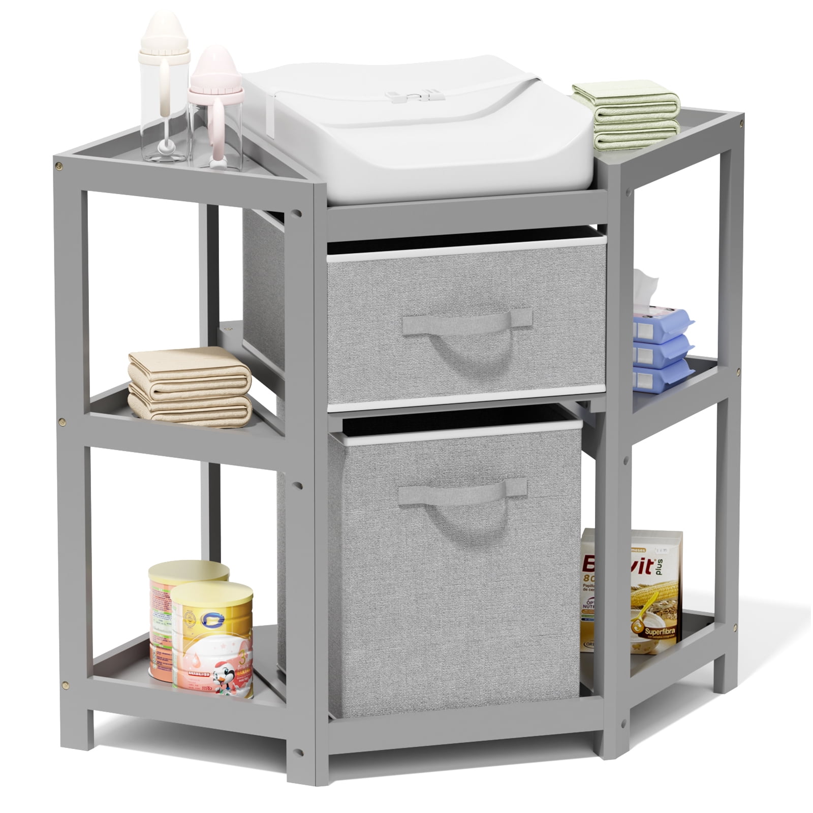 KORIMEFA Children Changing Table with Pad, Corner Diaper Changing Table with Laundry Hamper, Storage Bin, Contoured Pad for Baby - Gray