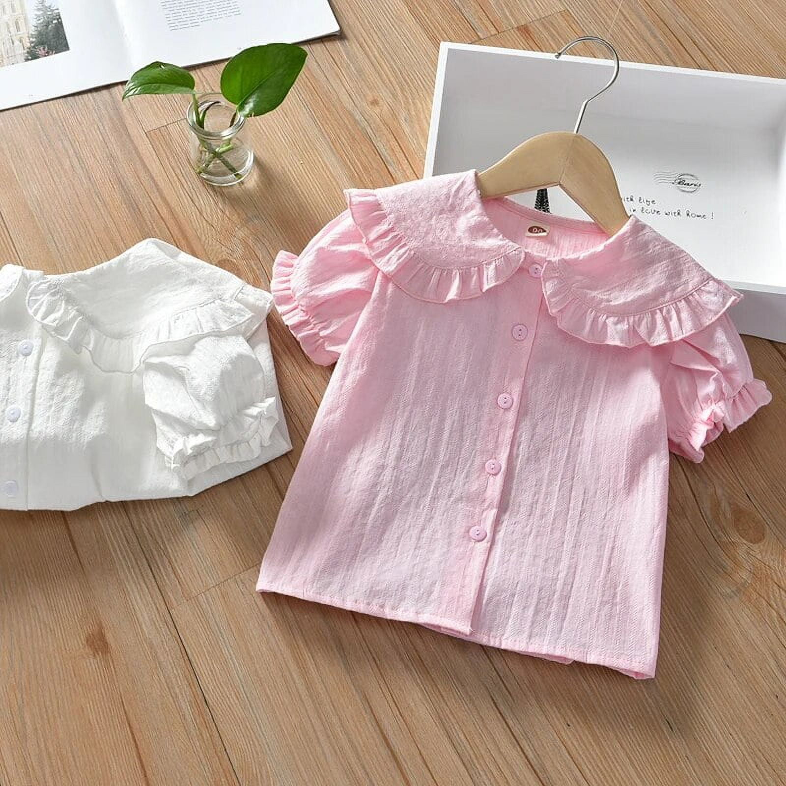 Aoxiang Summer Kids Girls Pink White Shirt Ruffle Short Sleeve Blouse Shirts Children Cotton Tops Tees LXY Walmart