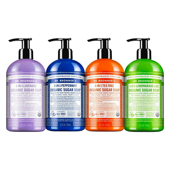 Dr. Bronner's - Savon au Sucre Biologique (Lot de 12 oz) Lavande, Menthe Poivrée, Arbre à Thé et Citronnelle - Fabriqué avec des Huiles Bio, du Sucre et de la Poudre de Shikakai, Utilisation 4-en-1: Mains