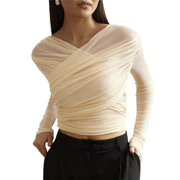 Blusas de Fiesta para Mujer, Modernas, con Escote en V, Larga, de Transparente y Fruncida. Color Albaricoque S