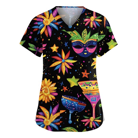 Womens Mardi Gras Scrub Tops Sparkly Short Sleeve Glitter Scrubs Feathers Print Carnival V Neck Nursing Uniform with Pockets Black XL