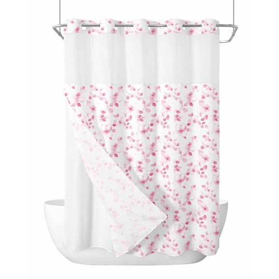 No Hook Cloth Fabric Shower Curtain with Snap in Liner, Pink Floral Waterproof Shower Curtains Set with See Through Top Window, Retro Blossom Flower Botanical Country Bath Curtains Shower 60"x72"