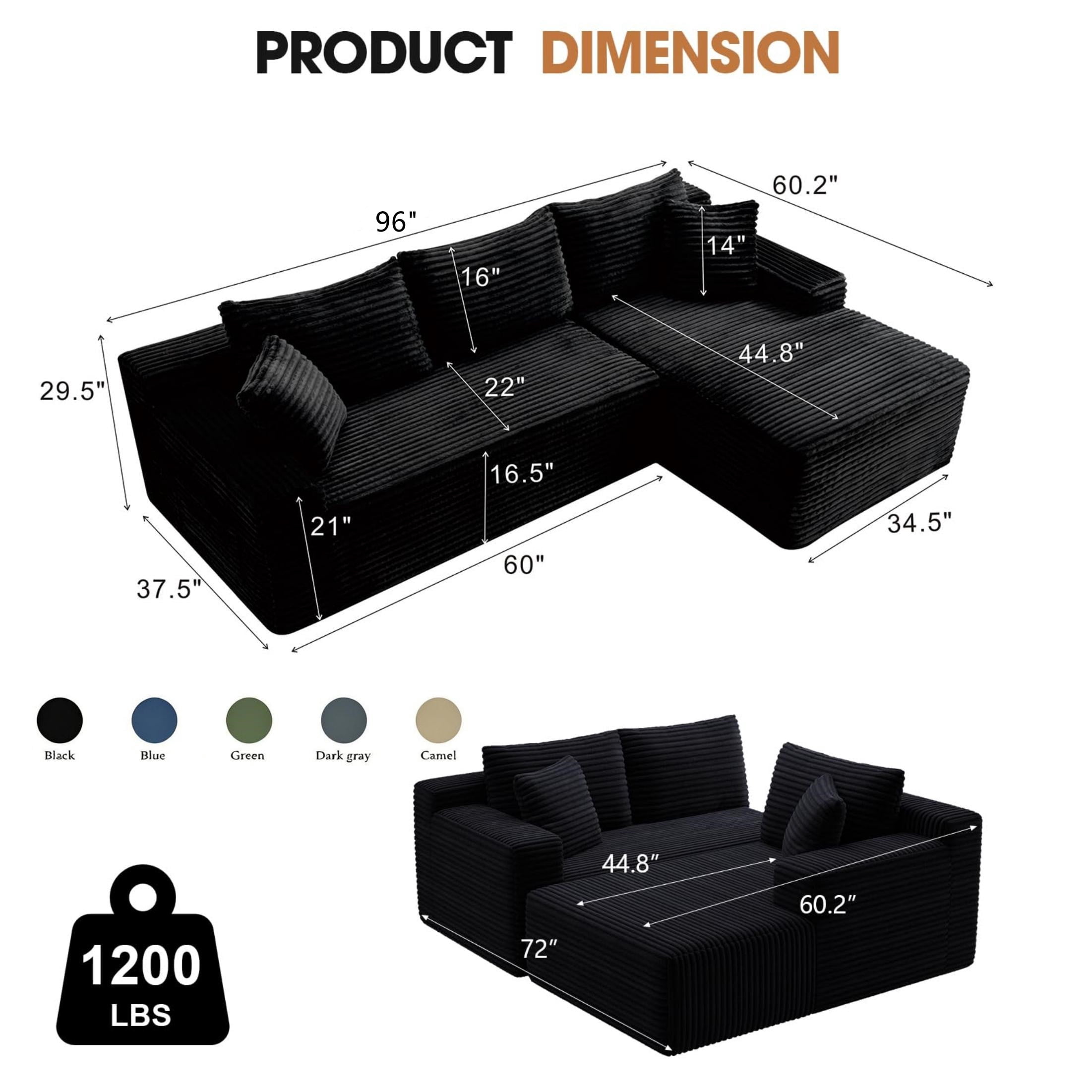 Aukfa 96" Cloud Sectional Sofa Deep Seat Boneless Couch Modular L-Shaped Couch, Right Chaise Corduroy Sofa for Living Room, Black