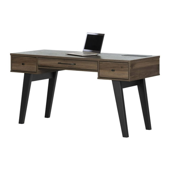 Computer Desk with Power Bar - Natural Walnut Finish - Modern Home Office Workstation
