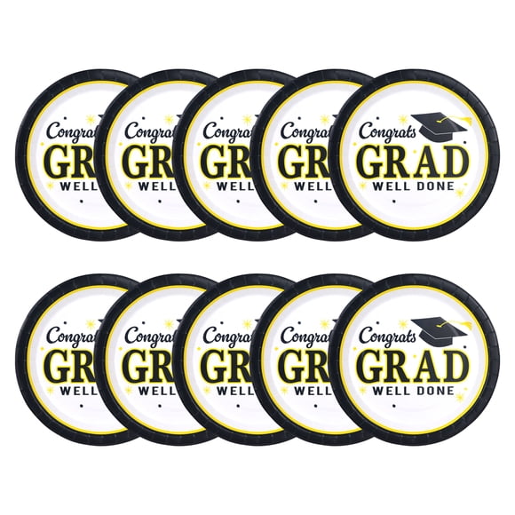 Graduation 10 Count Black, White, Yellow Paper Plates, 9in x 9in, Adult, Decoration, Graduation, Way To Celebrate