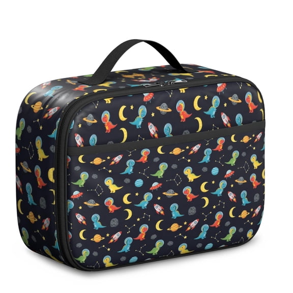 Dinosaur and Rocket Black Pattern Insulated Lunch Bag Teens,Bento School Lunch Bag for Teens for Work,Picnic or Travel 10.6x7.7x4.3 Inches,12 Can Capacity