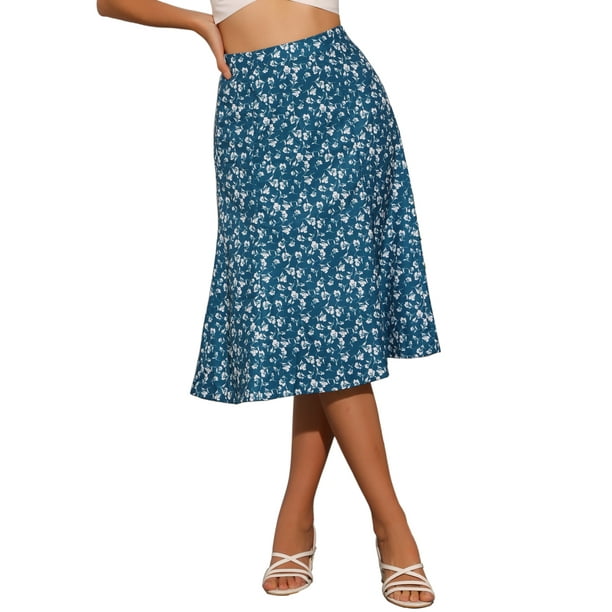 Faldas Midi Peasant de Mujer INSPIRE CHIC con Cintura Elástica A-Line con Estampado Floral Ditsy en Azul Lago Talla XS