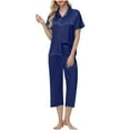 thumbnail image 2 of THDHVS Pajamas for Women Set,Fall Pajamas Women,Women's Slik-like Long Sleeve Shirt and Full-Length Bottom Pajama Set Navy M, 2 of 8