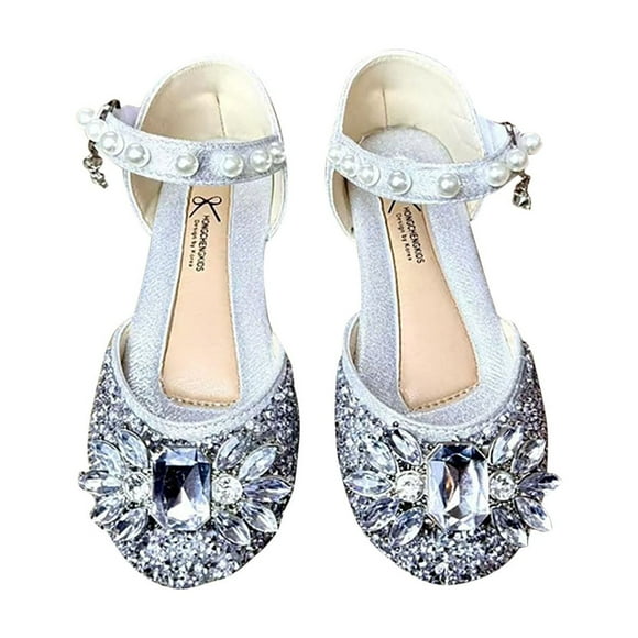 LOVZFMLL Girls Dress Shoes Mary Jane Wedding Party Shoes Glitter Rhinestone Princess Flat Footwear for Toddler Kids Silver 12-13 Years