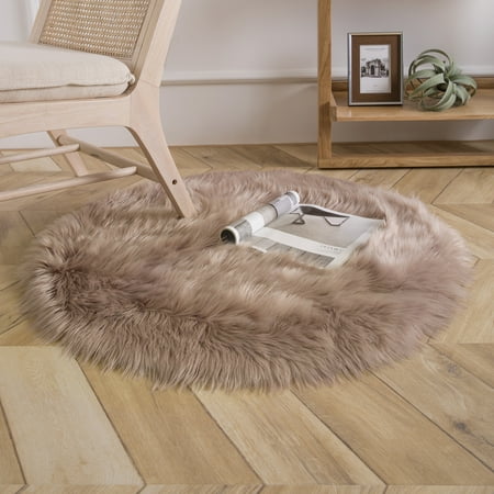 Phantoscope Deluxe Soft Faux Sheepskin Fur Series Decorative Indoor Area Rug 3 x 3 Feet Round, Beige, 1 Pack