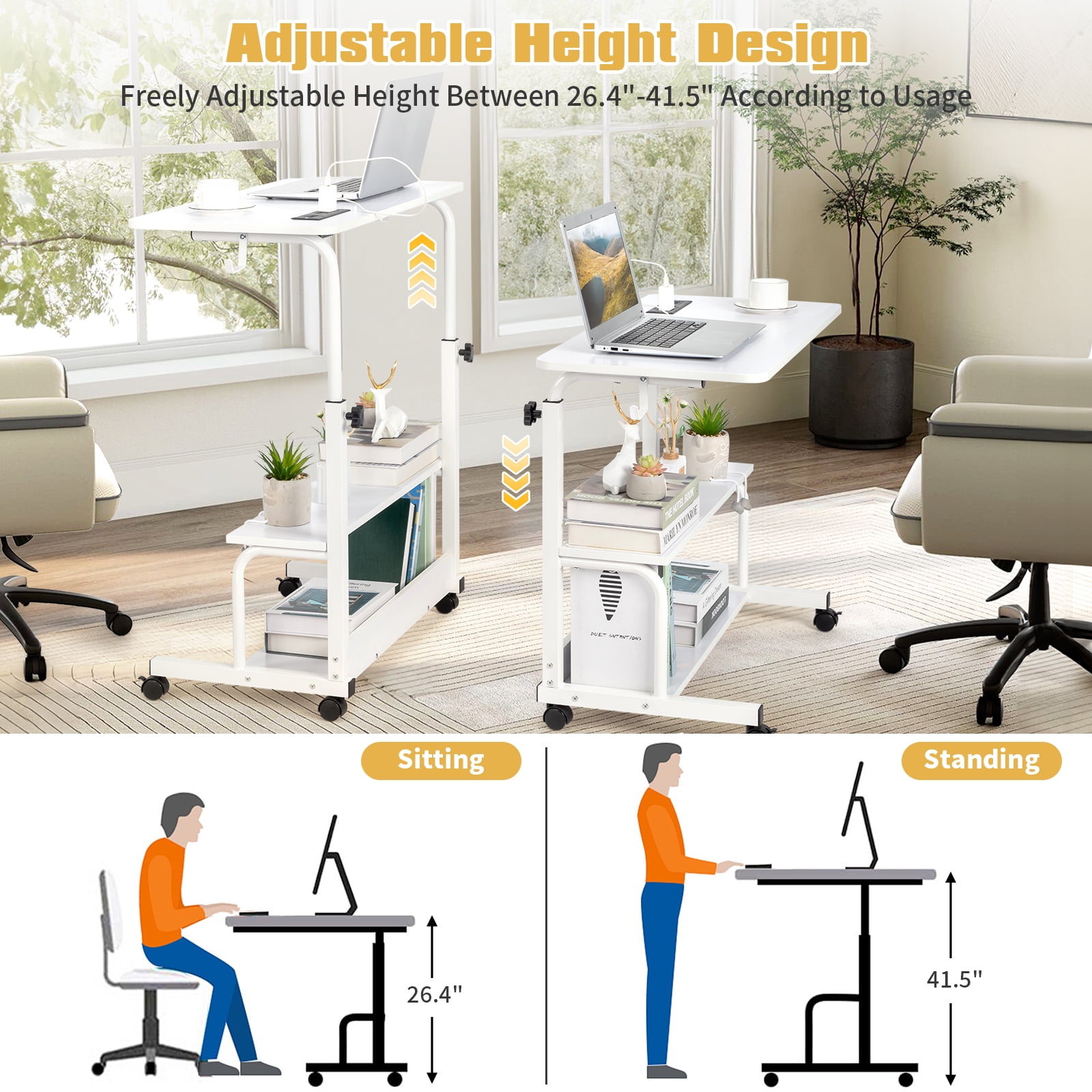 Ktaxon Computer Laptop Desk Stand Rolling Side Table Sofa End Cart PC Tray with Charging Station