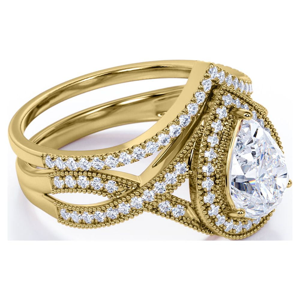 JeenMata 1.5 Carat Pear Cut Moissanite Wedding Set - Bridal Set - Art Deco Ring - Halo Ring - Cluster Ring - 18k Yellow Gold Plated for Women