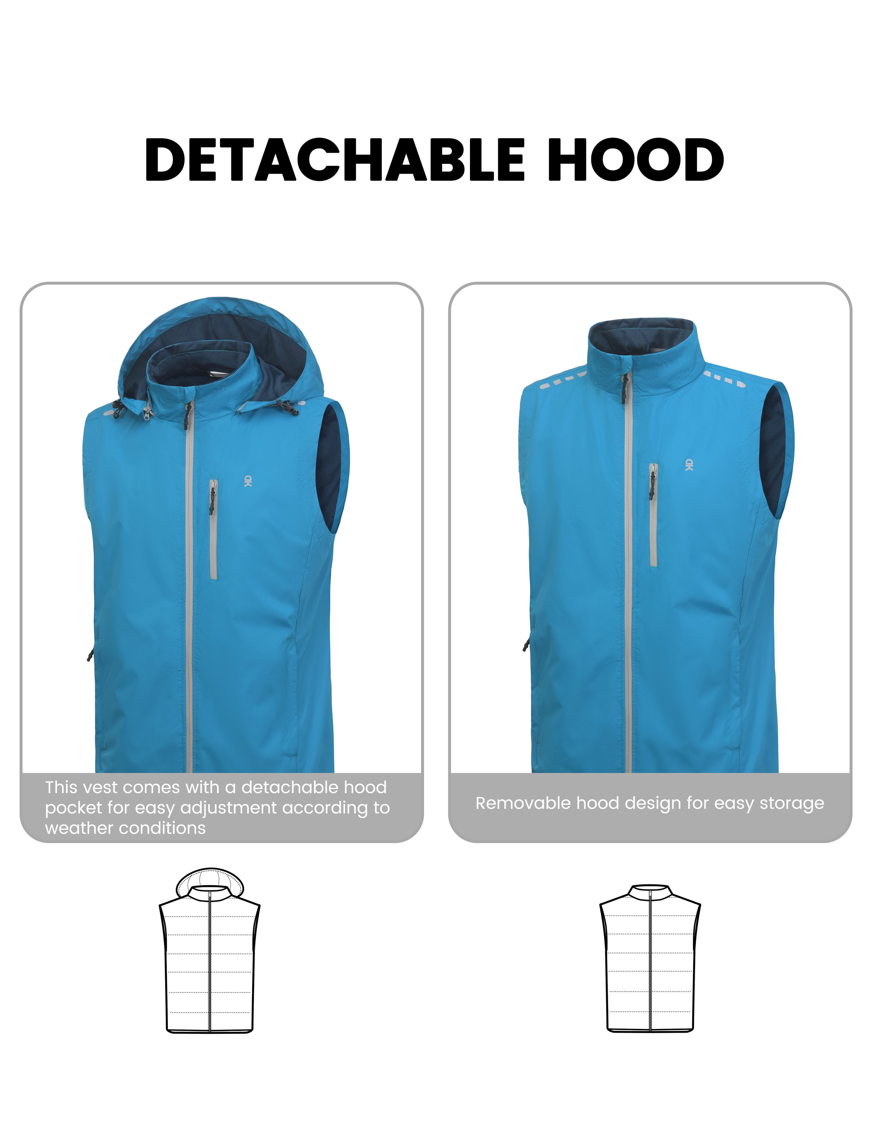 Little Donkey Andy Men's Lightweight Softshell Vest Detachable Hood Windproof Golf Sleeveless Jacket for Hiking Running Blue L
