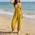 thumbnail image 4 of Women's Deep V-Neck Jumpsuit, Sleeveless With Fold Pocket & Back Ties, Ankle Strap Long Pants For Elegant Evening Look Yellow XL, 4 of 6