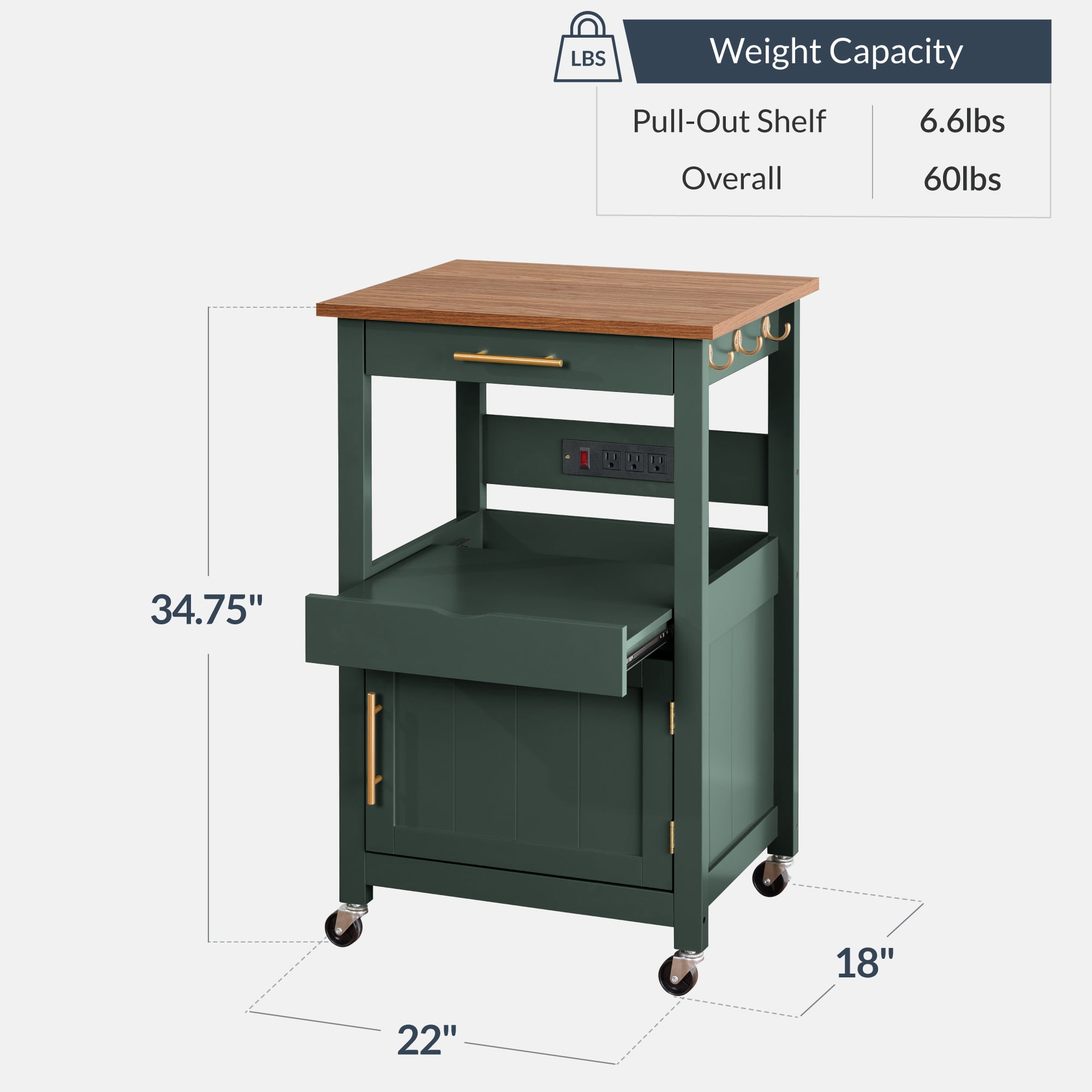 Best Choice Products Rolling Kitchen Island Cart, Cabinet W/ Drawer, Sliding Tray, Outlet, Wheels, Hooks - Forest Green