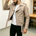 thumbnail image 2 of Lightweight Short Faux Leather Biker Jacket Men - Punk Gothic Coat Classic Rock Streetwear Belted Jacket No Hood Moto Jacket Outerwear Khaki, 2 of 8