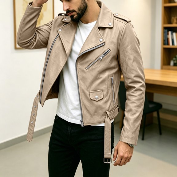 LYSMORA 2026 Men's Asymmetric Zip Faux Leather Jacket, Lapel Collar Belted Waist Multi Zipper Pockets Loose Fit Biker Casual Outerwear