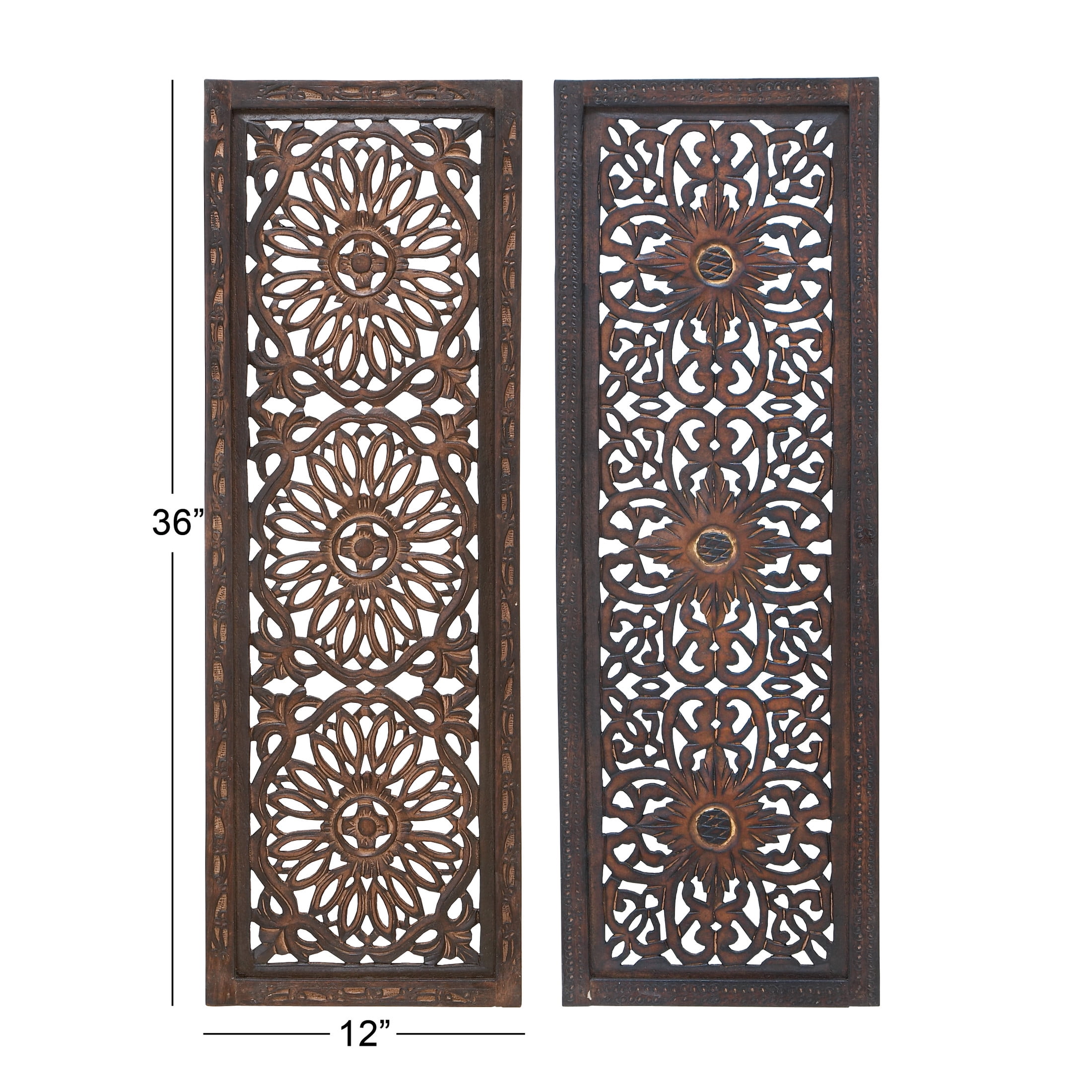 DecMode Brown Wood Handmade Intricately Carved Floral Wall Decor (2 Count)