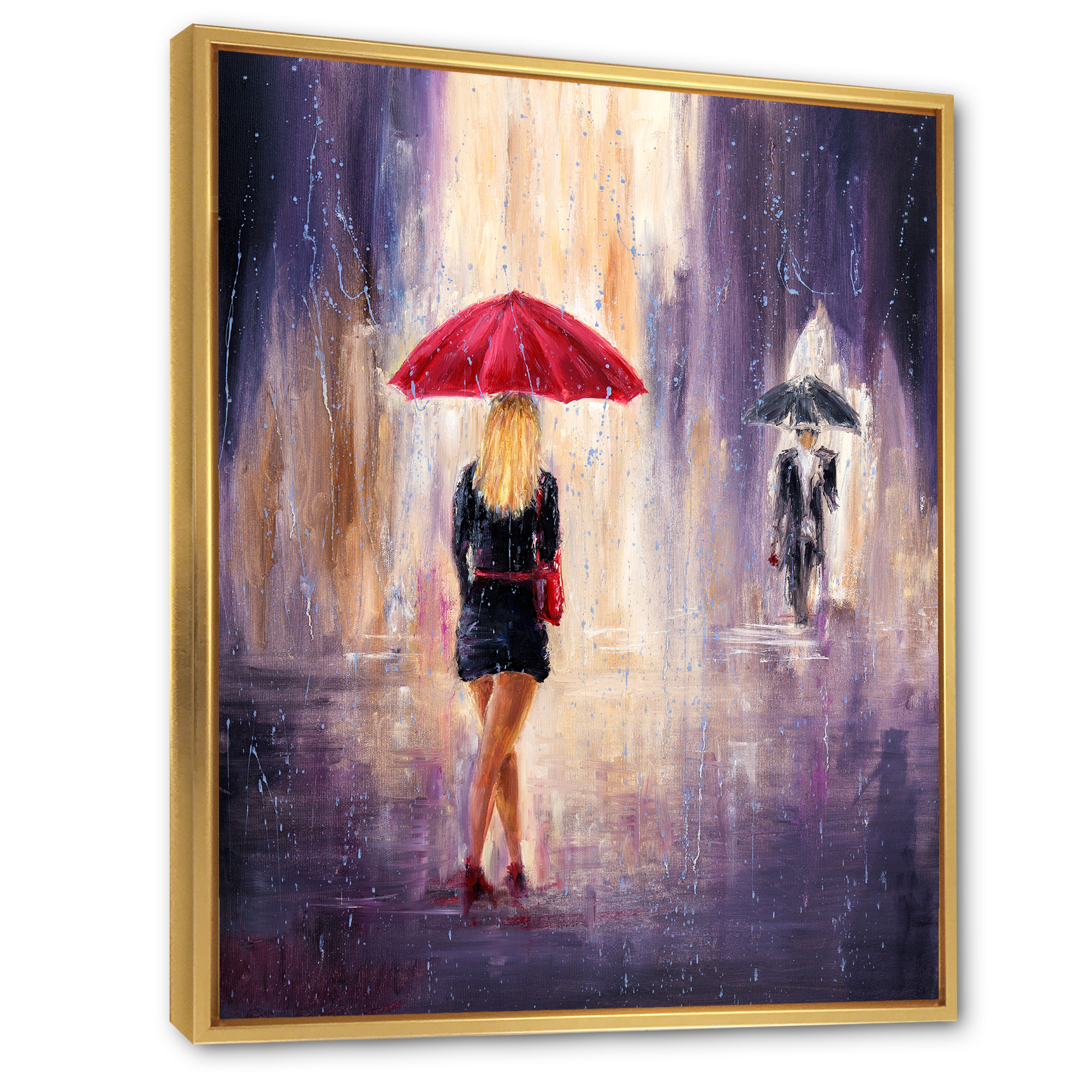 Designart 'The Girl With The Umbrella Walking In The Rain II' French Country Framed Canvas Wall Art Print