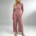 thumbnail image 2 of TEAJOPSUU Womens Waffle Knit Jumpsuit Long Sleeve Button Henley Neck Wide Leg Long Romper with Pockets Casual Loungewear Hot Pink, 2 of 7